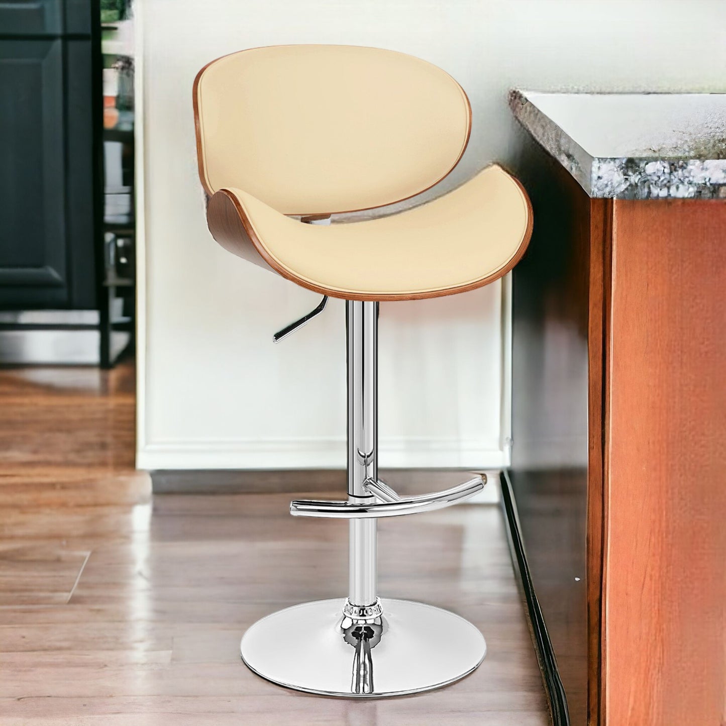 25" Cream And Silver Faux Leather And Solid Wood Swivel Low Back Adjustable Height Bar Chair