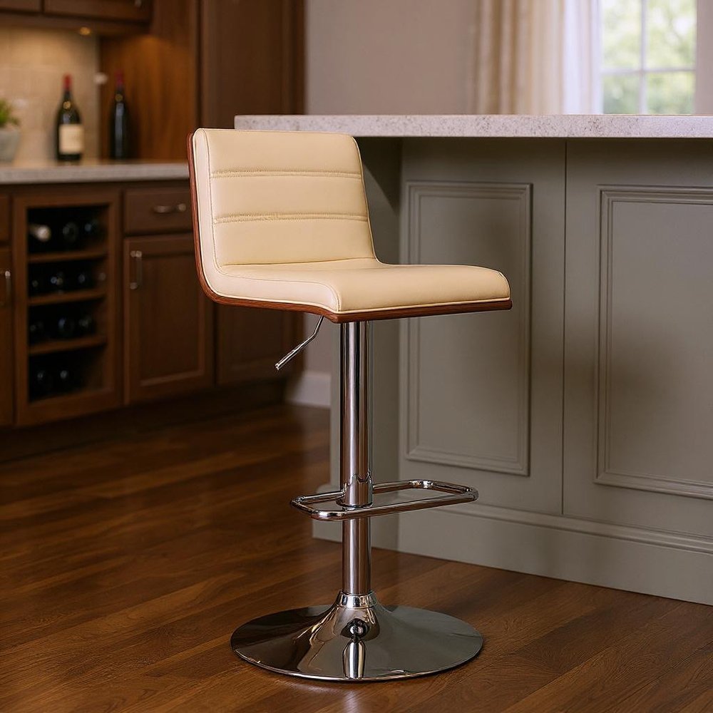 23" Cream And Silver Iron Swivel Low Back Adjustable Height Bar Chair