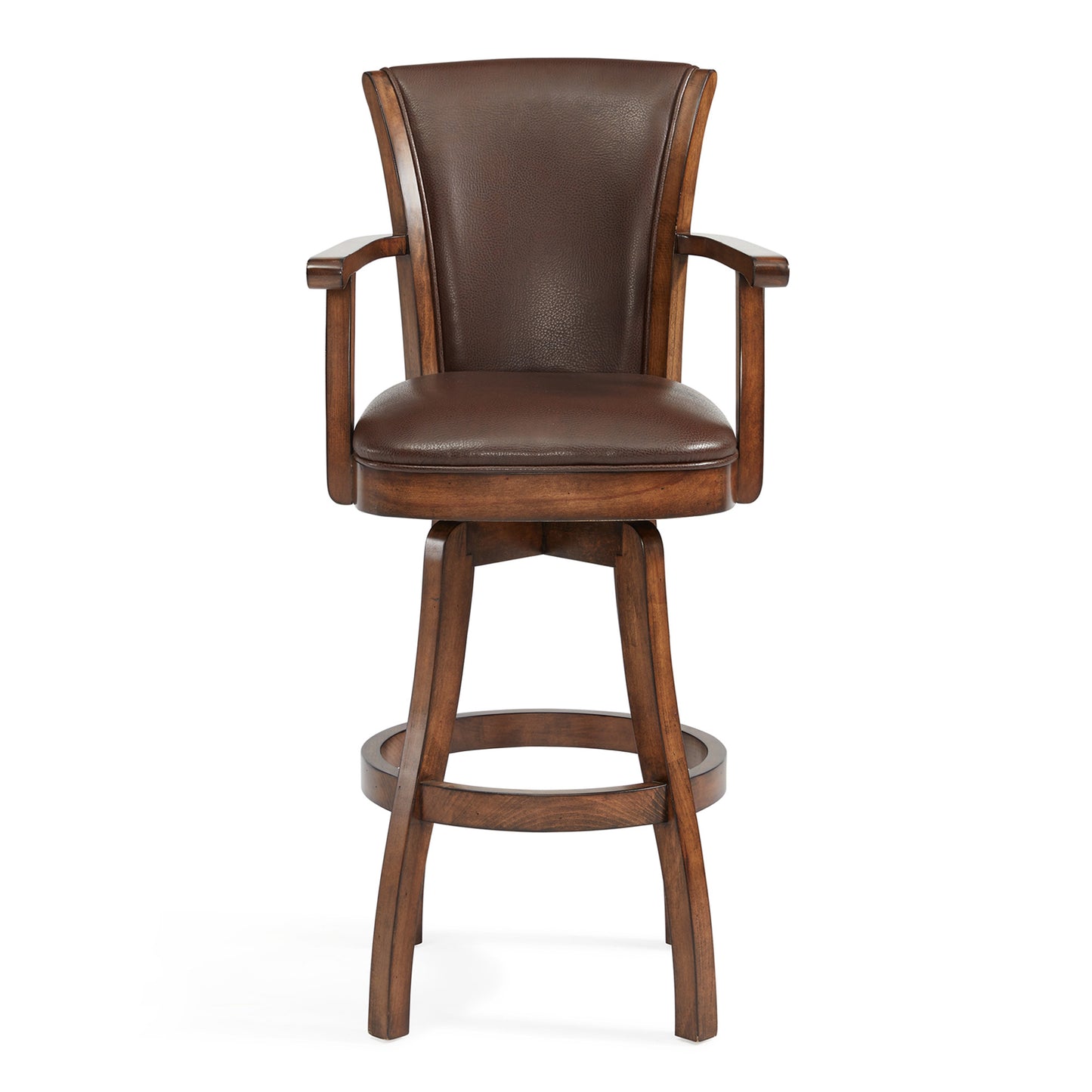 26" Brown And Chestnut Faux Leather And Solid Wood Swivel Counter Height Bar Chair