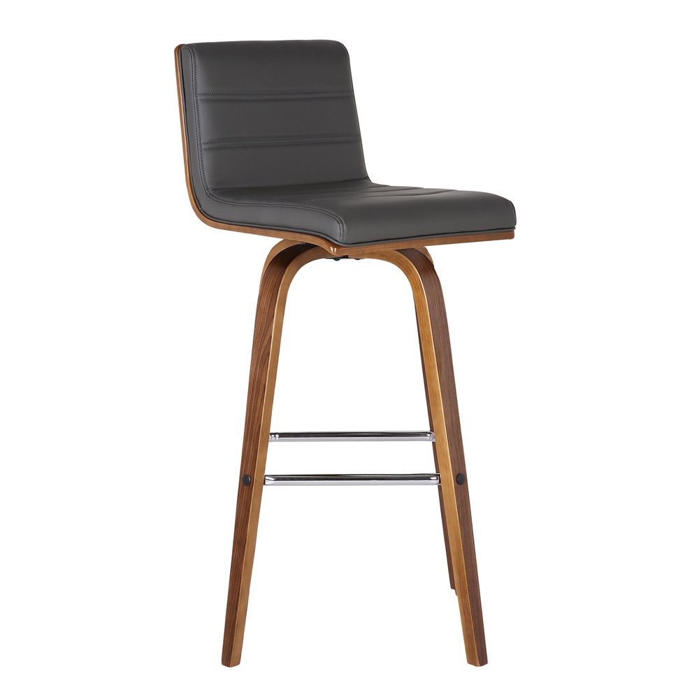 26" Gray And Brown Fabric And Solid Wood Low Back Counter Height Swivel Bar Chair