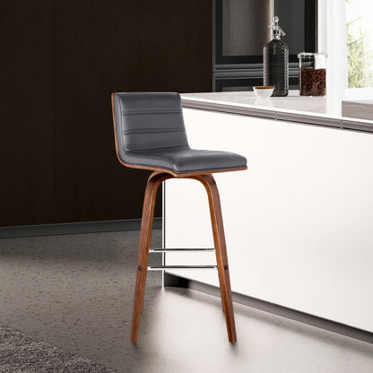 26" Gray And Brown Fabric And Solid Wood Low Back Counter Height Swivel Bar Chair