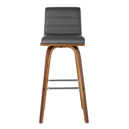 26" Gray And Brown Fabric And Solid Wood Low Back Counter Height Swivel Bar Chair