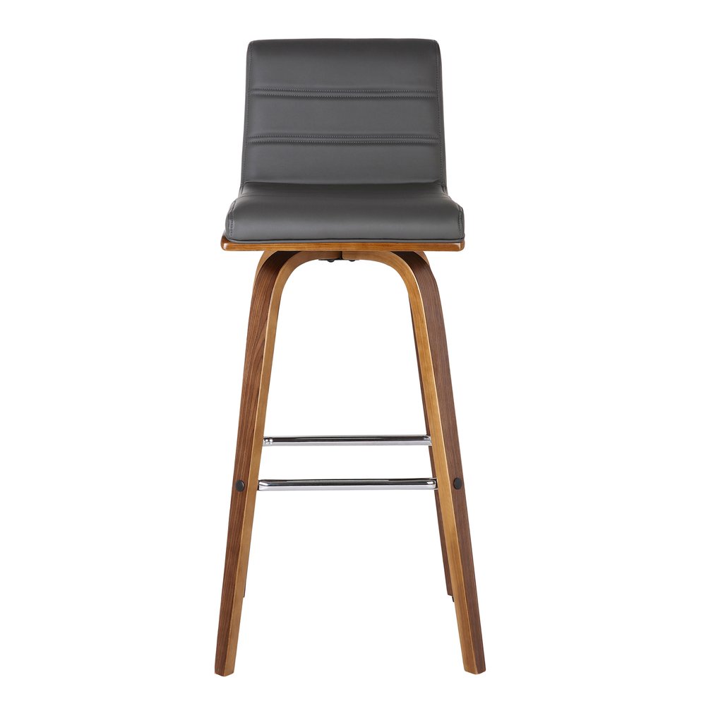 26" Gray And Brown Fabric And Solid Wood Low Back Counter Height Swivel Bar Chair