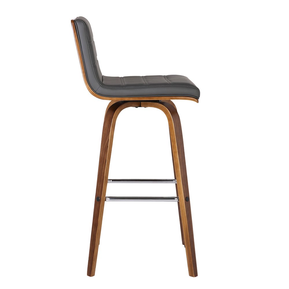 26" Gray And Brown Fabric And Solid Wood Low Back Counter Height Swivel Bar Chair