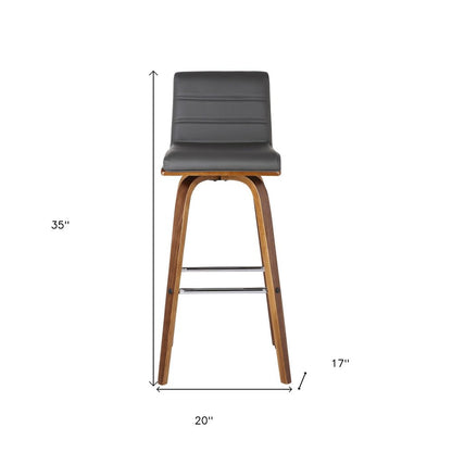 26" Gray And Brown Fabric And Solid Wood Low Back Counter Height Swivel Bar Chair