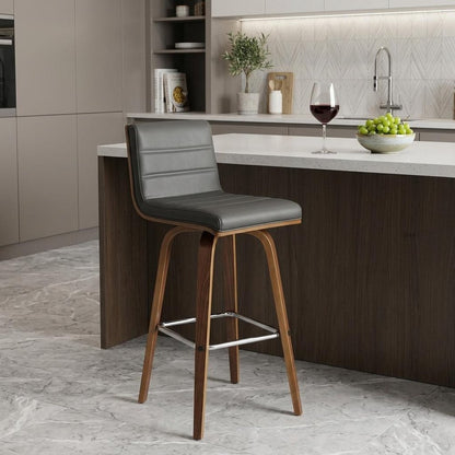 26" Gray and Brown Fabric and Solid Wood Low Back Counter Height Swivel Bar Chair