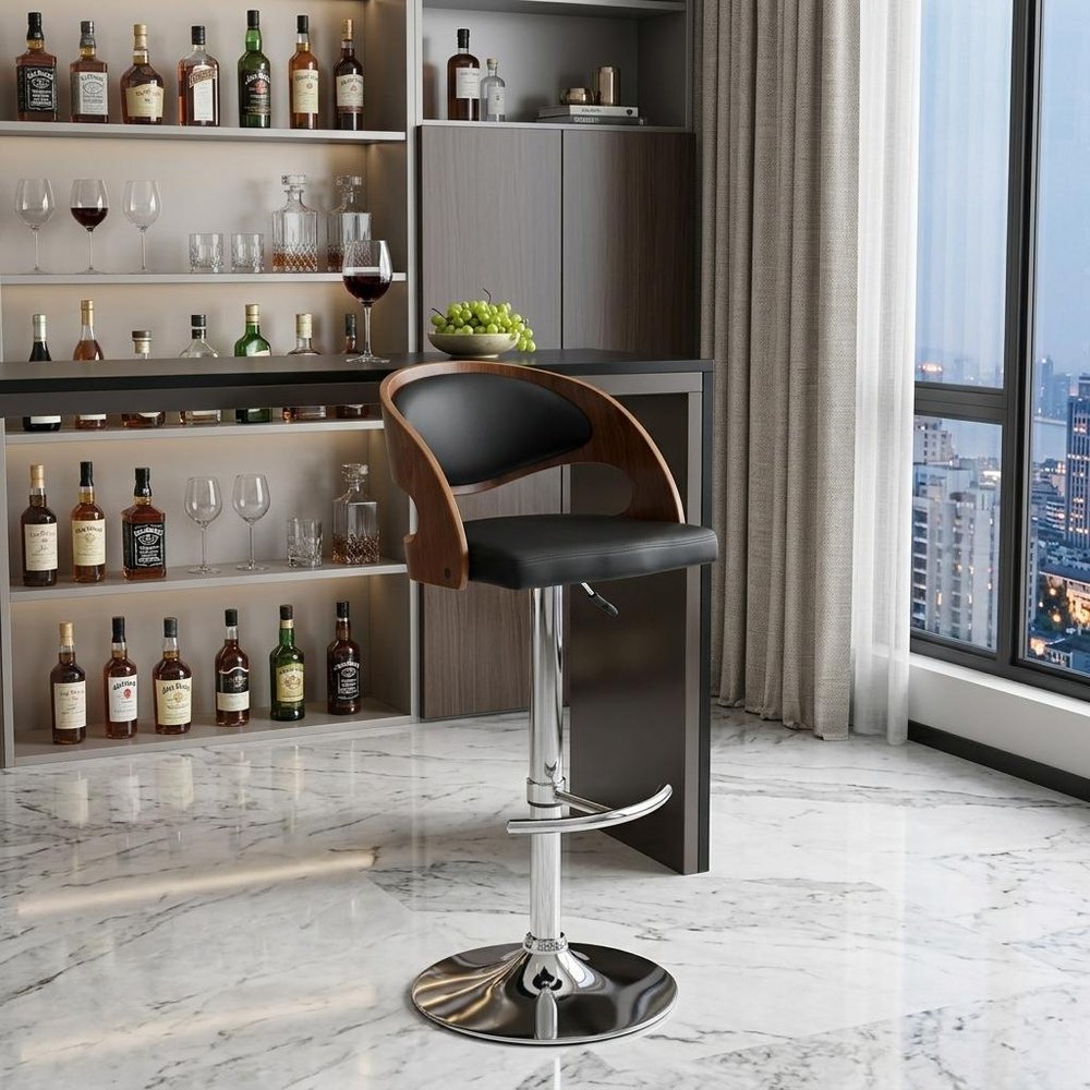 Black And Silver Faux Leather And Chrome Low Back Adjustable Height Swivel Bar Chair