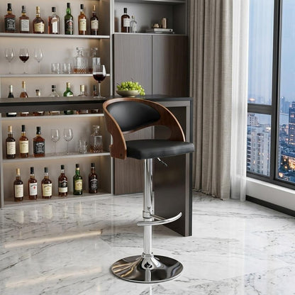 Black And Silver Faux Leather And Chrome Low Back Adjustable Height Swivel Bar Chair