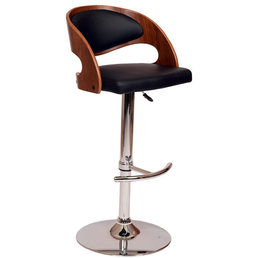 Black And Silver Faux Leather And Fabric And Chrome Low Back Adjustable Height Swivel Bar Chair