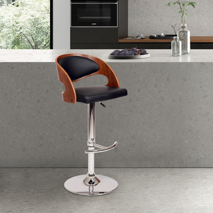 Black And Silver Faux Leather And Fabric And Chrome Low Back Adjustable Height Swivel Bar Chair