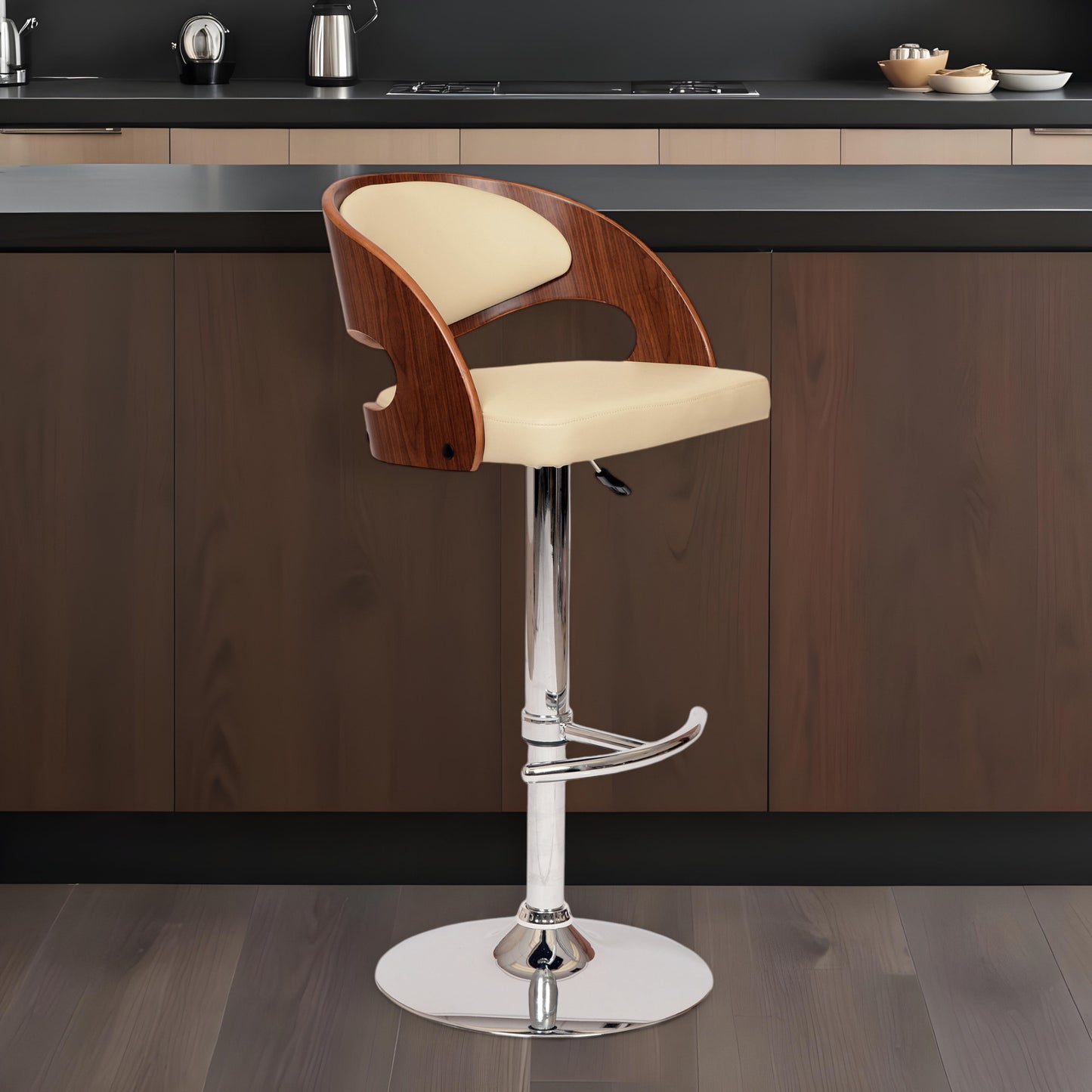 Cream And Silver Faux Leather And Chrome Low Back Adjustable Height Swivel Bar Chair