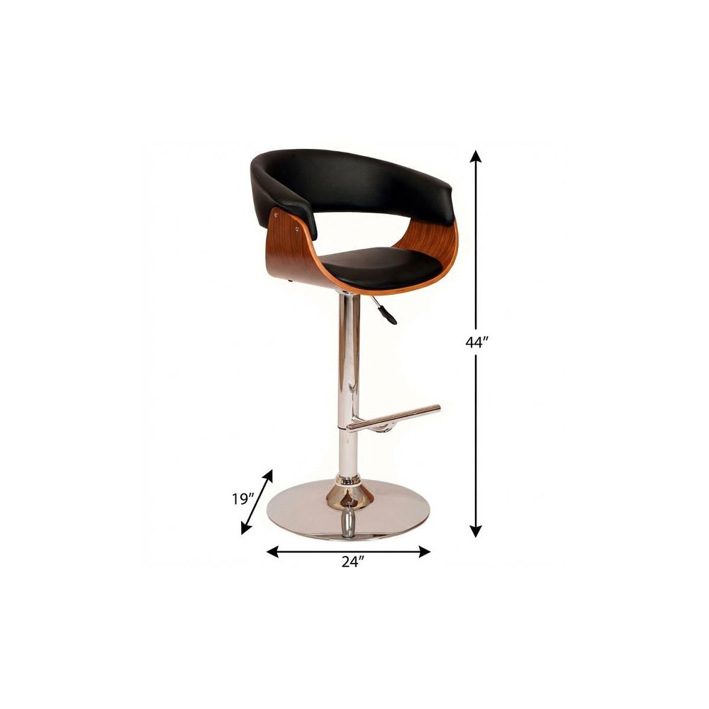 Black And Brown Faux Leather And Fabric And Solid Wood Low Back Adjustable Height Swivel Bar Chair