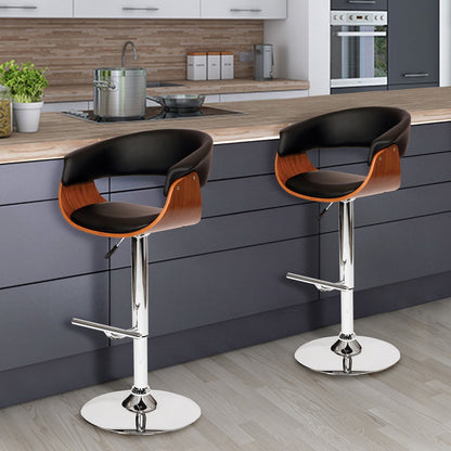 Black And Brown Faux Leather And Fabric And Solid Wood Low Back Adjustable Height Swivel Bar Chair