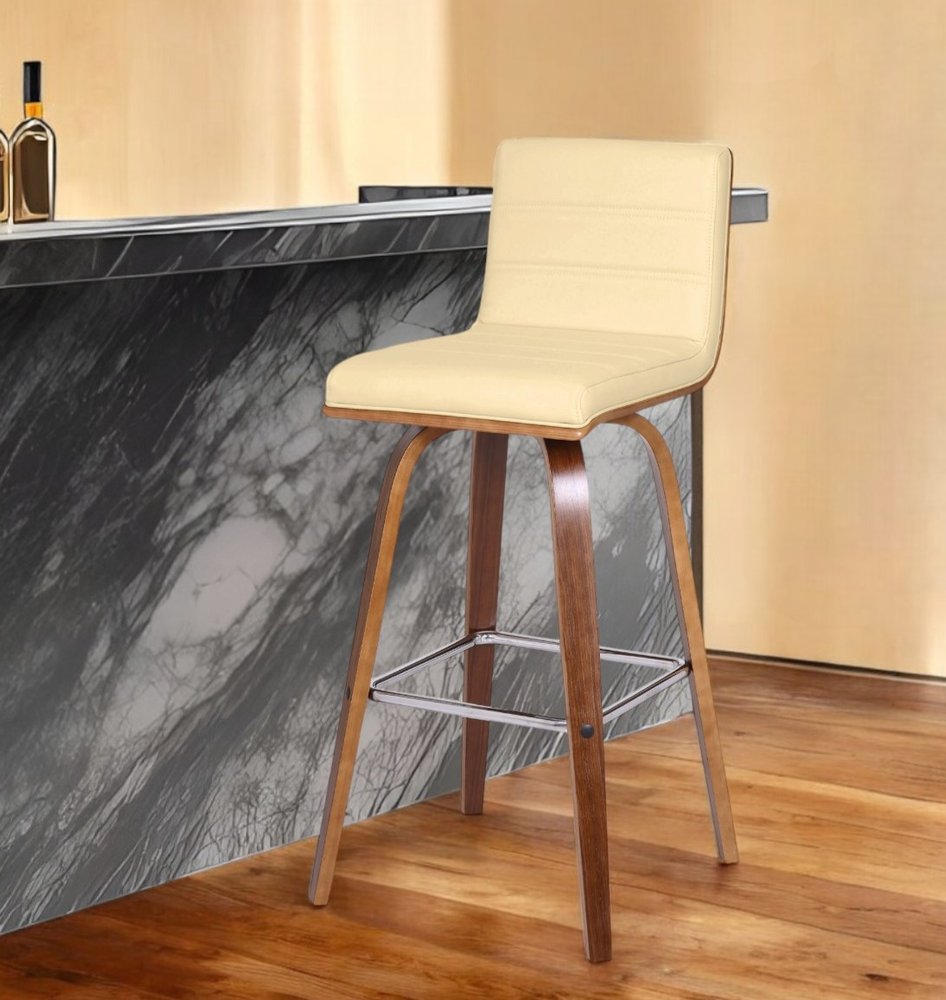 30" Cream and Brown Fabric and Iron Low Back Bar Height Swivel Bar Chair