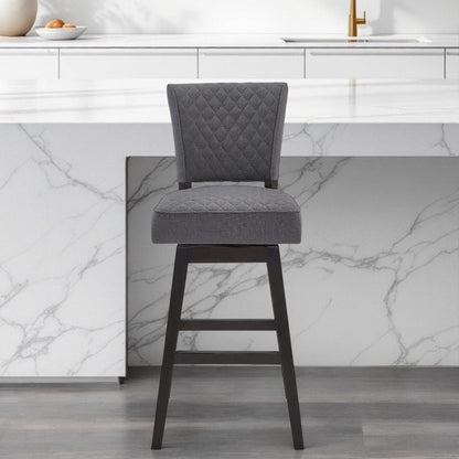 26" Gray and Espresso Fabric and Solid Wood Counter Height Swivel Bar Chair