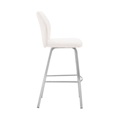 26" White And Silver Faux Leather And Fabric And Iron Counter Height Bar Chair