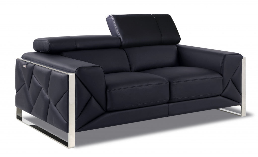 75" Black And Silver Italian Leather Loveseat