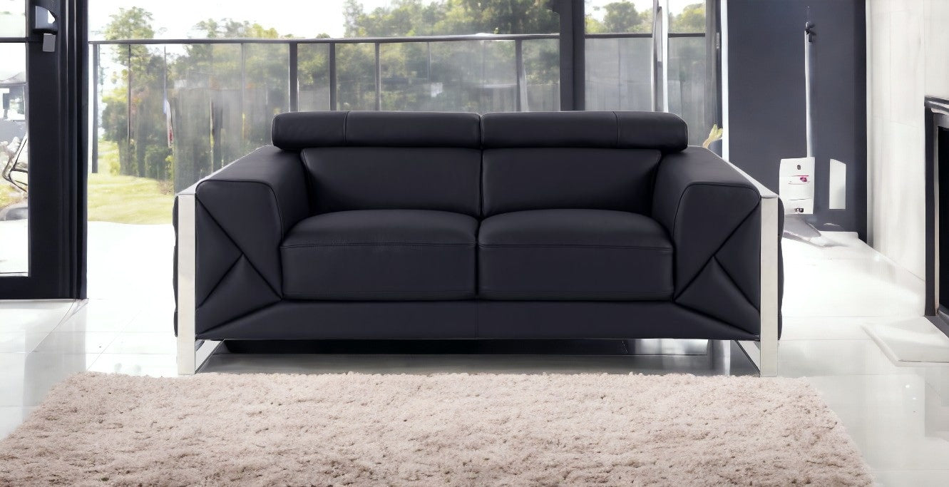 75" Black And Silver Italian Leather Loveseat