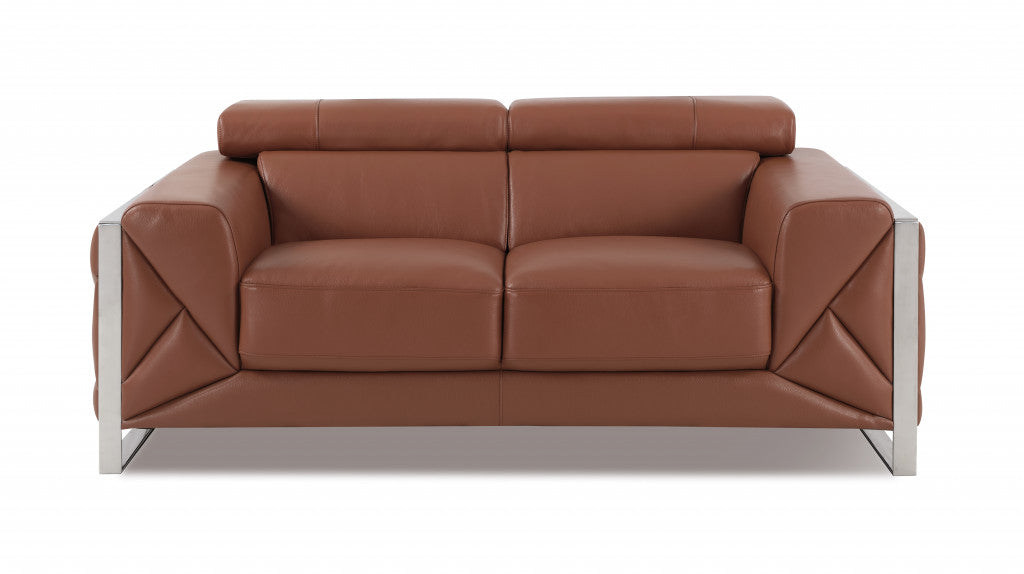 75" Camel And Silver Italian Leather Loveseat