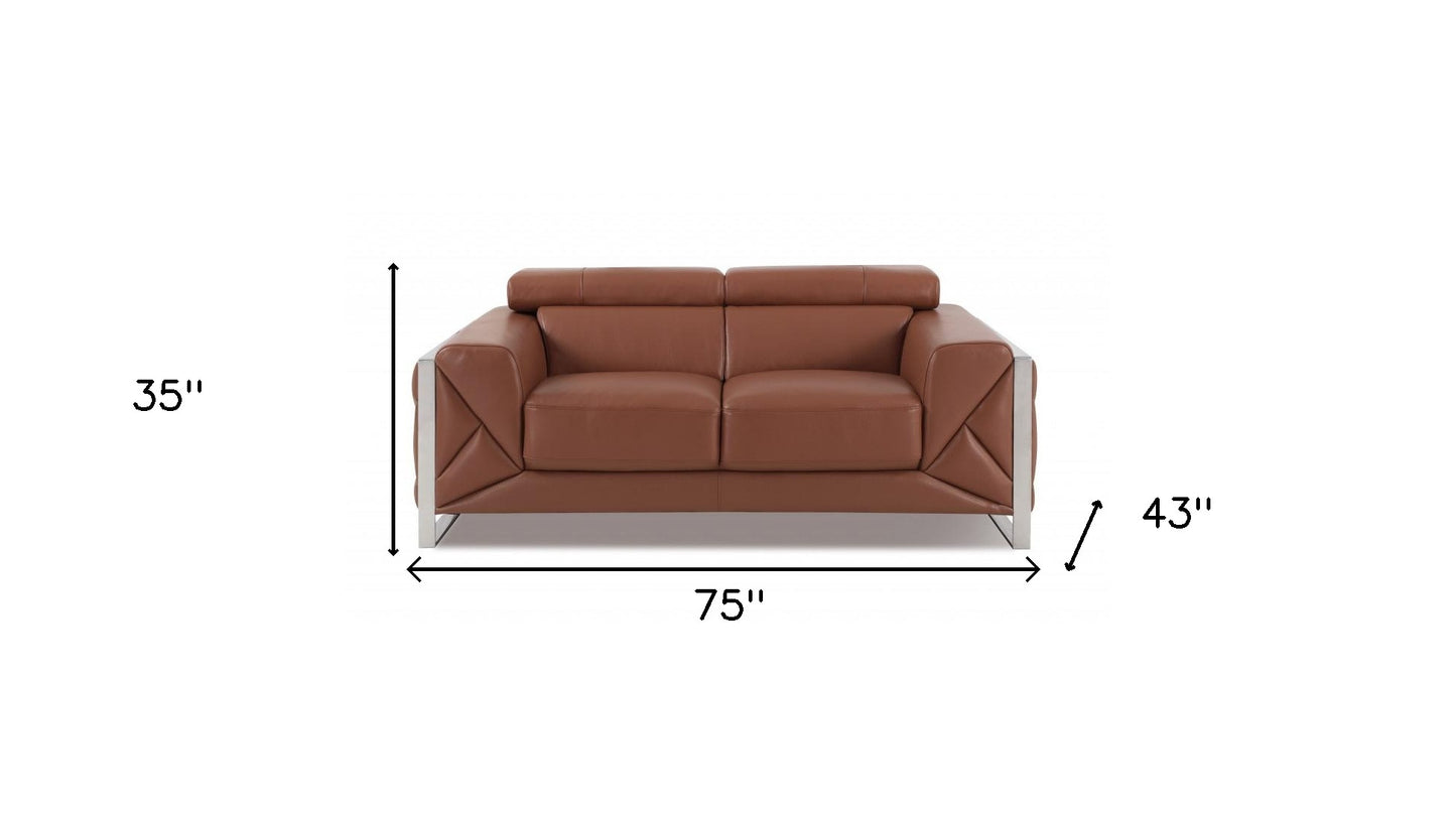 75" Camel And Silver Italian Leather Loveseat