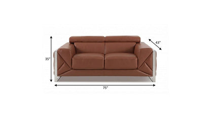 75" Camel And Silver Italian Leather Loveseat