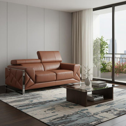 75" Camel And Silver Italian Leather Loveseat