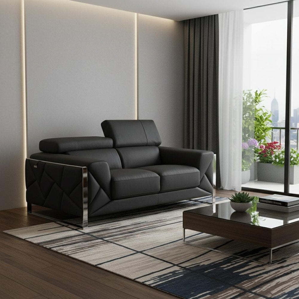 75" Gray And Silver Italian Leather Loveseat