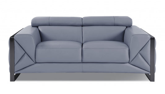 75" Light Blue And Black Italian Leather Loveseat