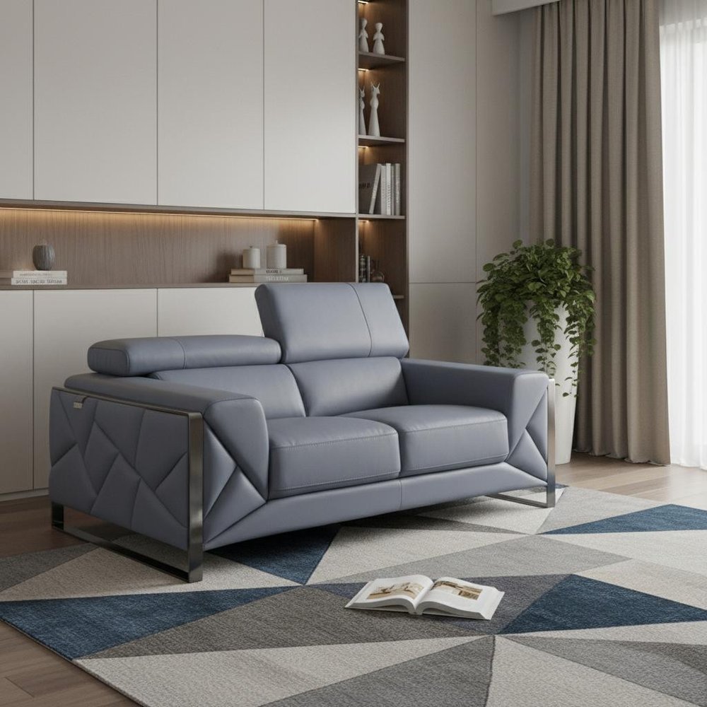 75" Light Blue And Black Italian Leather Loveseat