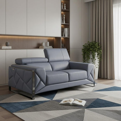 75" Light Blue And Black Italian Leather Loveseat