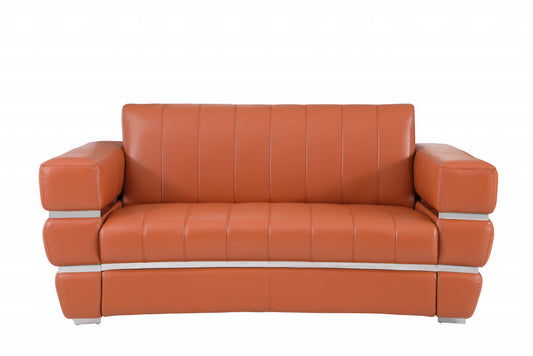 75" Camel And Silver Italian Leather Loveseat