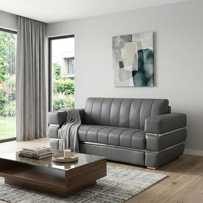 75" Gray And Silver Italian Leather Loveseat