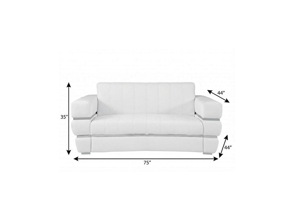 75" White And Silver Italian Leather Loveseat