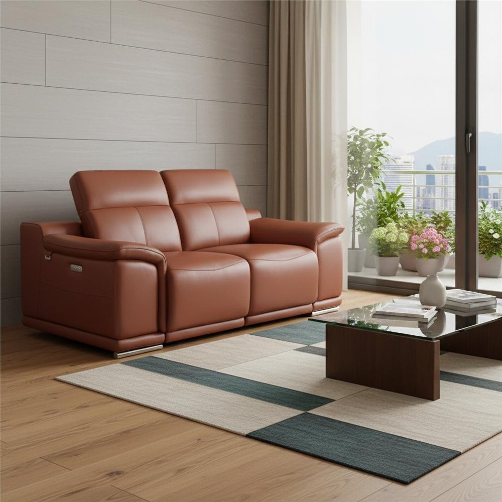 72" Camel And Silver Italian Leather Power Reclining Loveseat