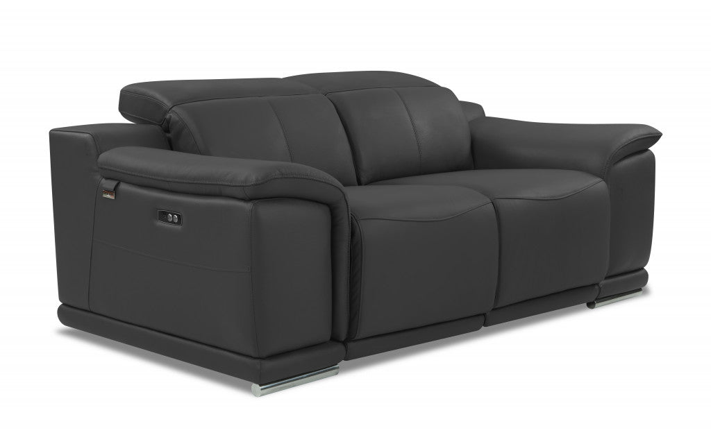 72" Gray And Silver Italian Leather Power Reclining Loveseat