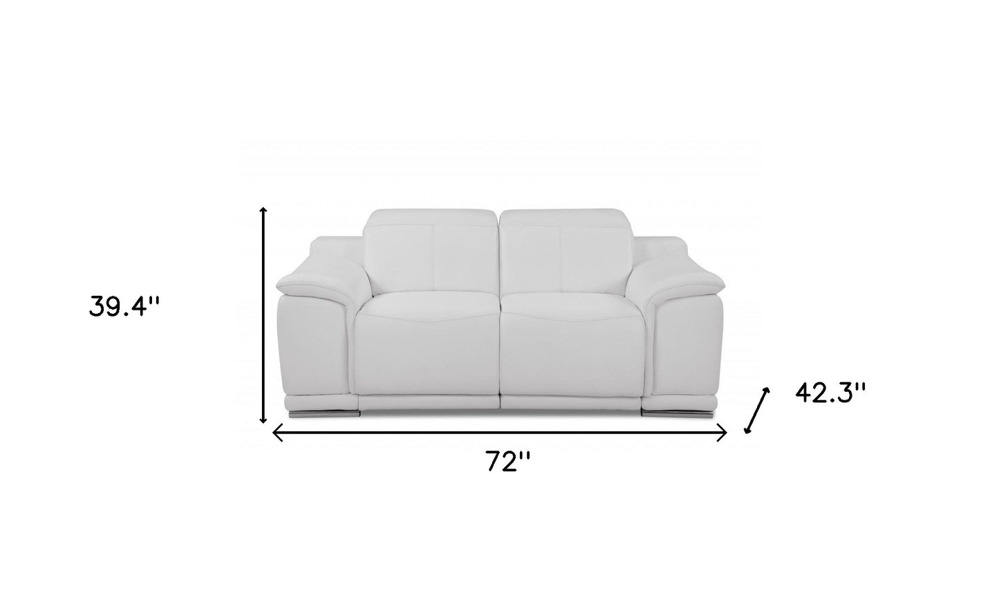 72" White And Silver Italian Leather Power Reclining Loveseat