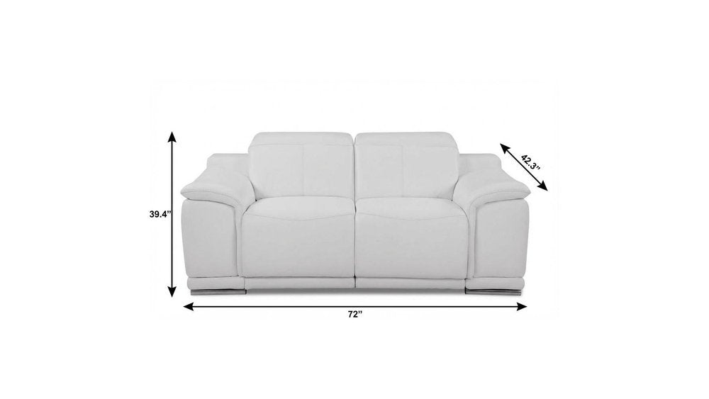 72" White And Silver Italian Leather Power Reclining Loveseat