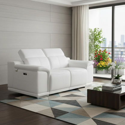 72" White And Silver Italian Leather Power Reclining Loveseat
