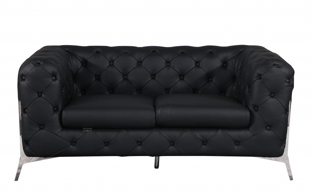 69" Black And Silver Italian Leather Loveseat