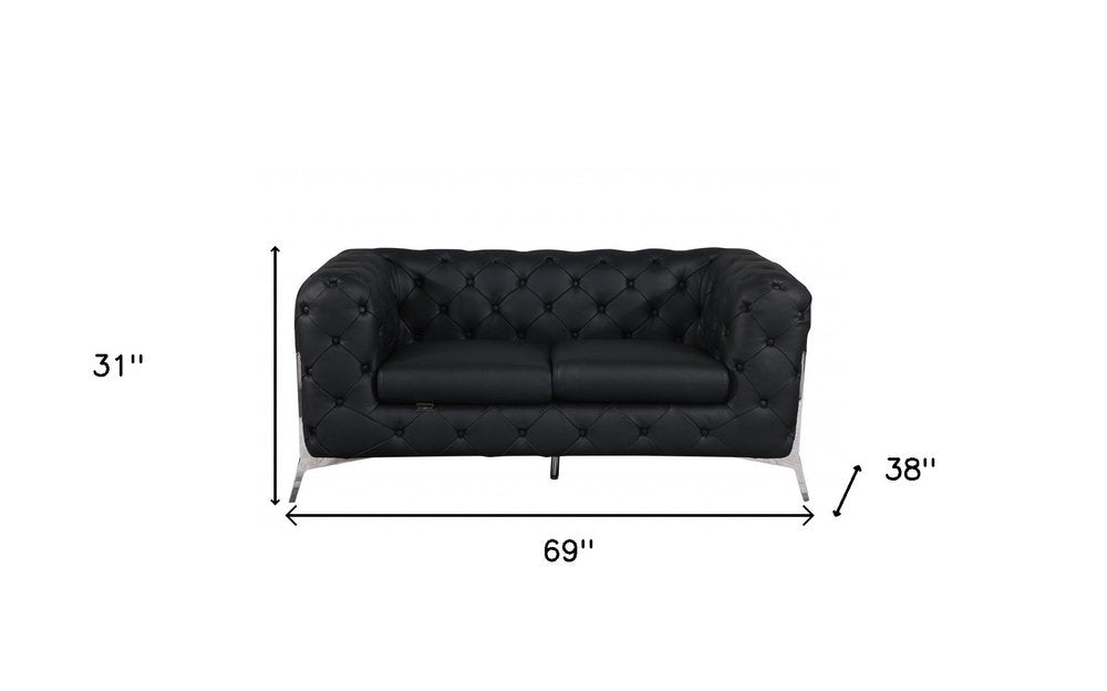 69" Black And Silver Italian Leather Loveseat