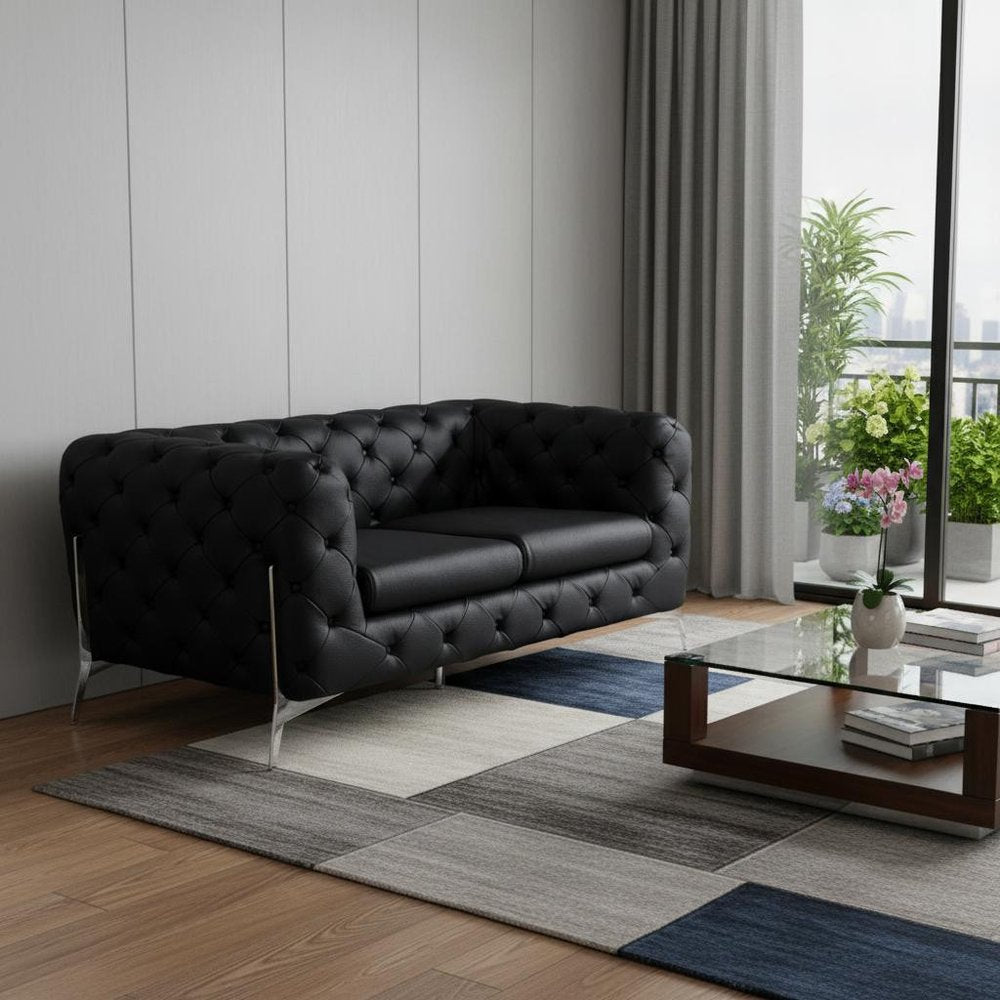 69" Black And Silver Italian Leather Loveseat