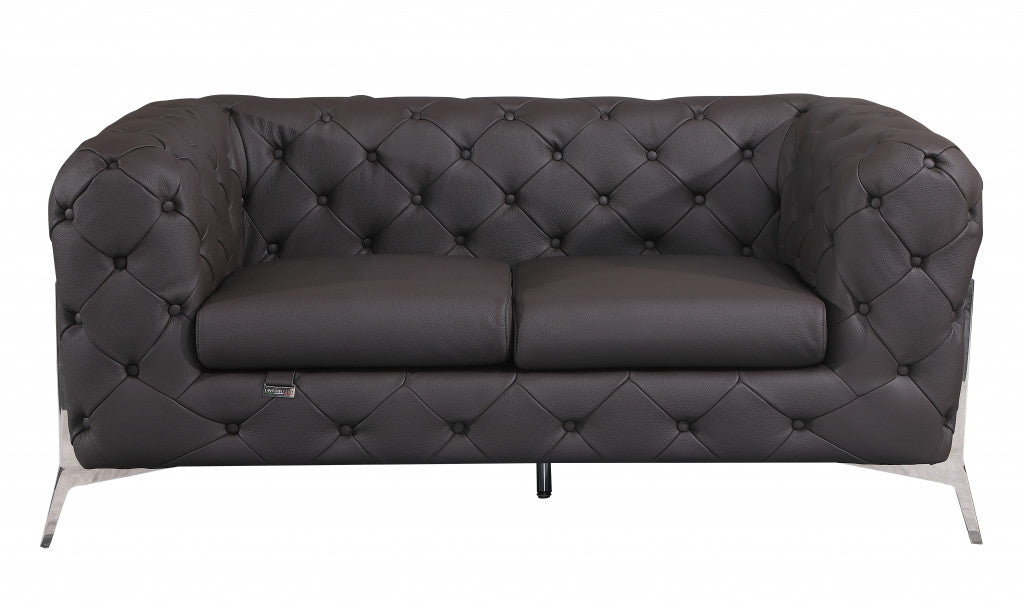 69" Brown And Silver Italian Leather Loveseat