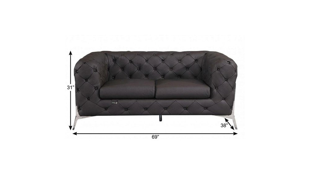 69" Brown And Silver Italian Leather Loveseat