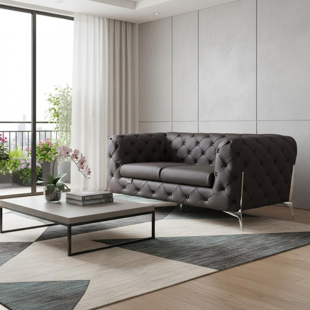 69" Brown And Silver Italian Leather Loveseat