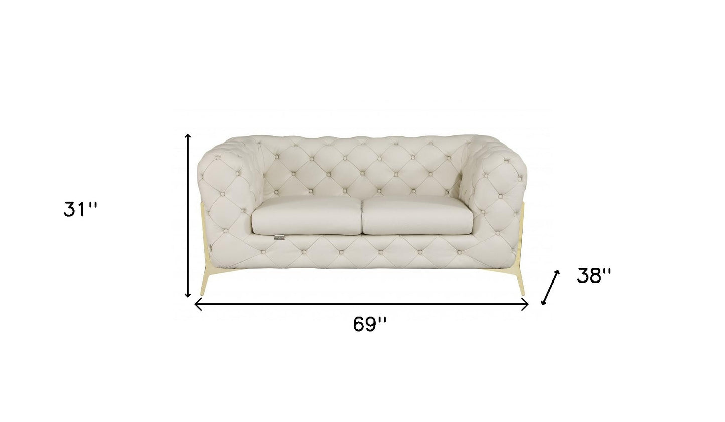 69" Beige And Gold Italian Leather Loveseat