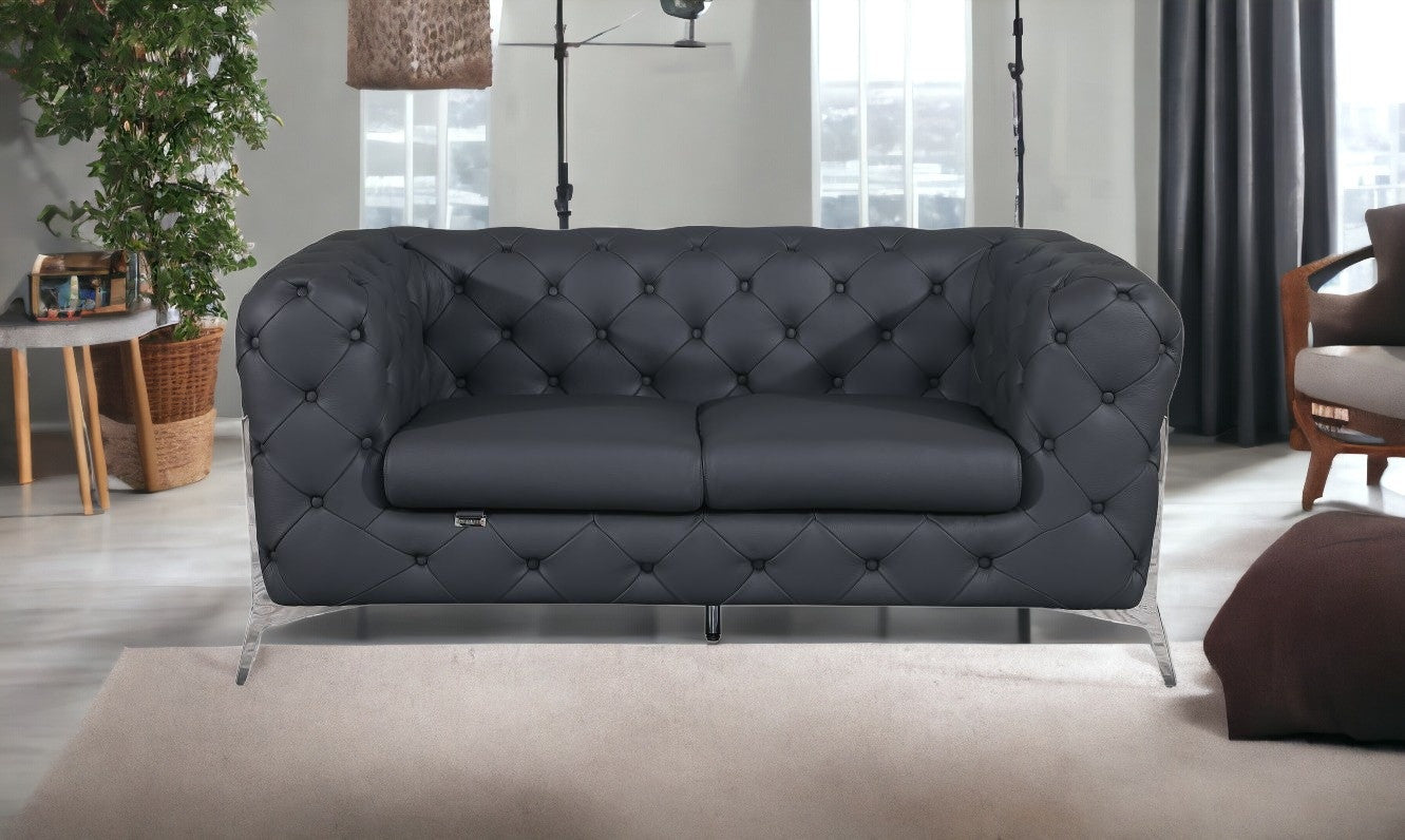 69" Gray And Silver Italian Leather Loveseat