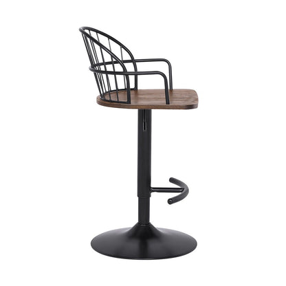 Brown And Black Solid Wood And Iron Low Back Adjustable Height Bar Chair