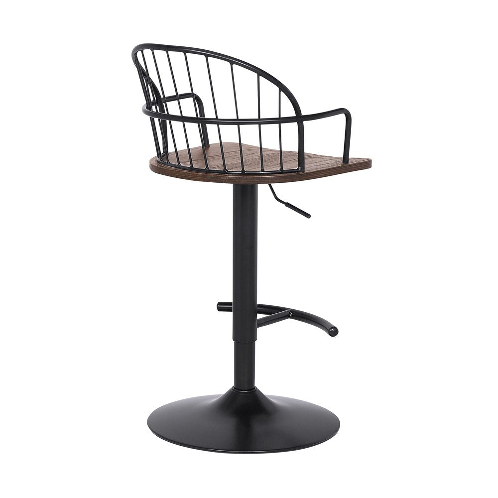 Brown And Black Solid Wood And Iron Low Back Adjustable Height Bar Chair