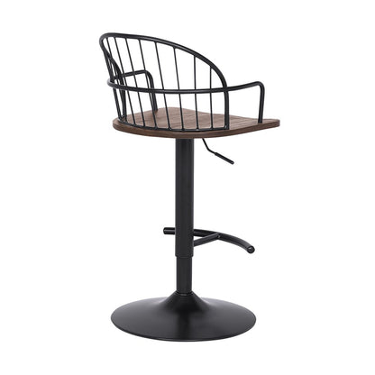 Brown And Black Solid Wood And Iron Low Back Adjustable Height Bar Chair