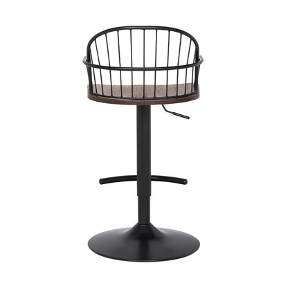 Brown And Black Solid Wood And Iron Low Back Adjustable Height Bar Chair